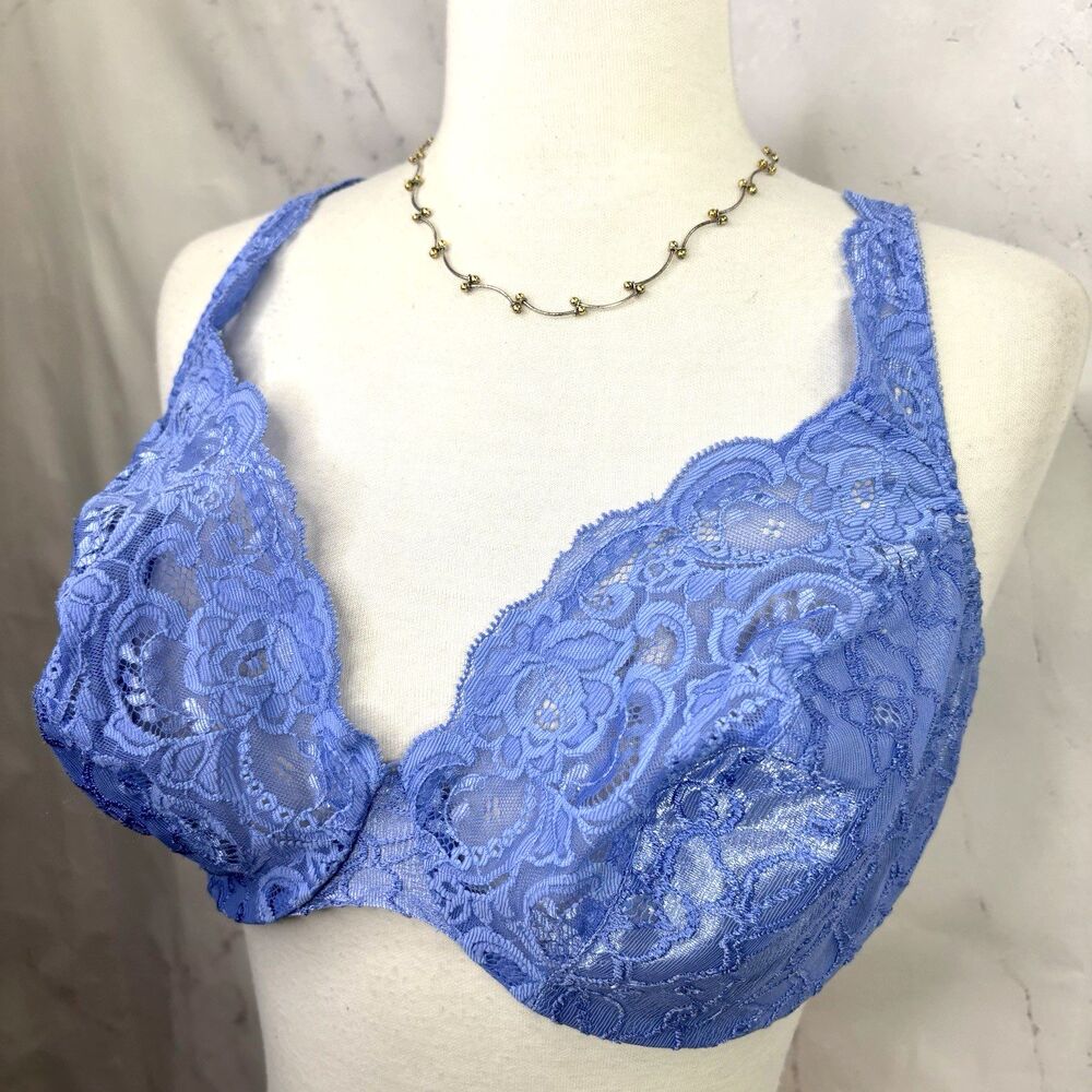 Vintage 90s Olga 36DD Sheer Lace Bra Burgundy 33580 Unlined Cauliflower Blue